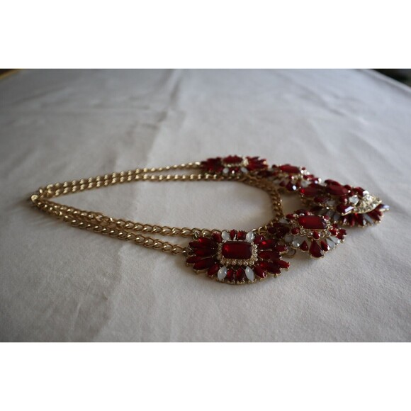 Chunky Necklace Gold Toned Chain Red White Stones Rhinestone Statement 18" - Picture 10 of 11